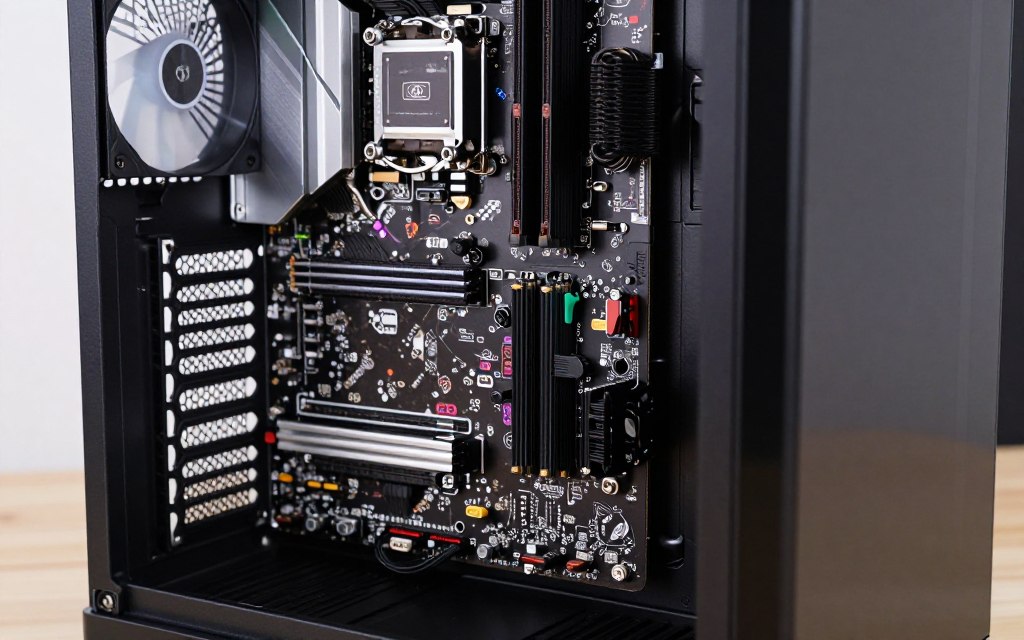 Motherboard and computer hardware components inside a desktop case